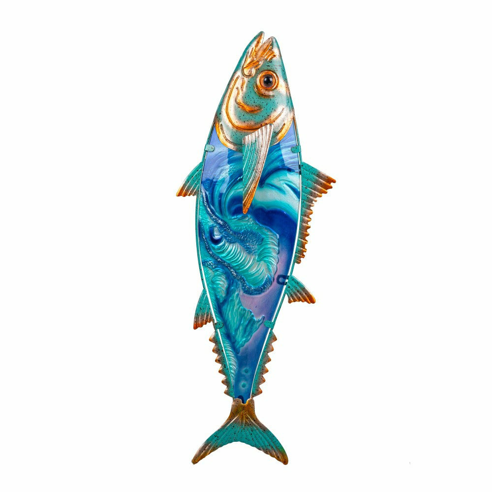 Plow & Hearth Blue Coastal Outdoor Wall Decor, Metal & Glass, Fish with Metallic Fin
