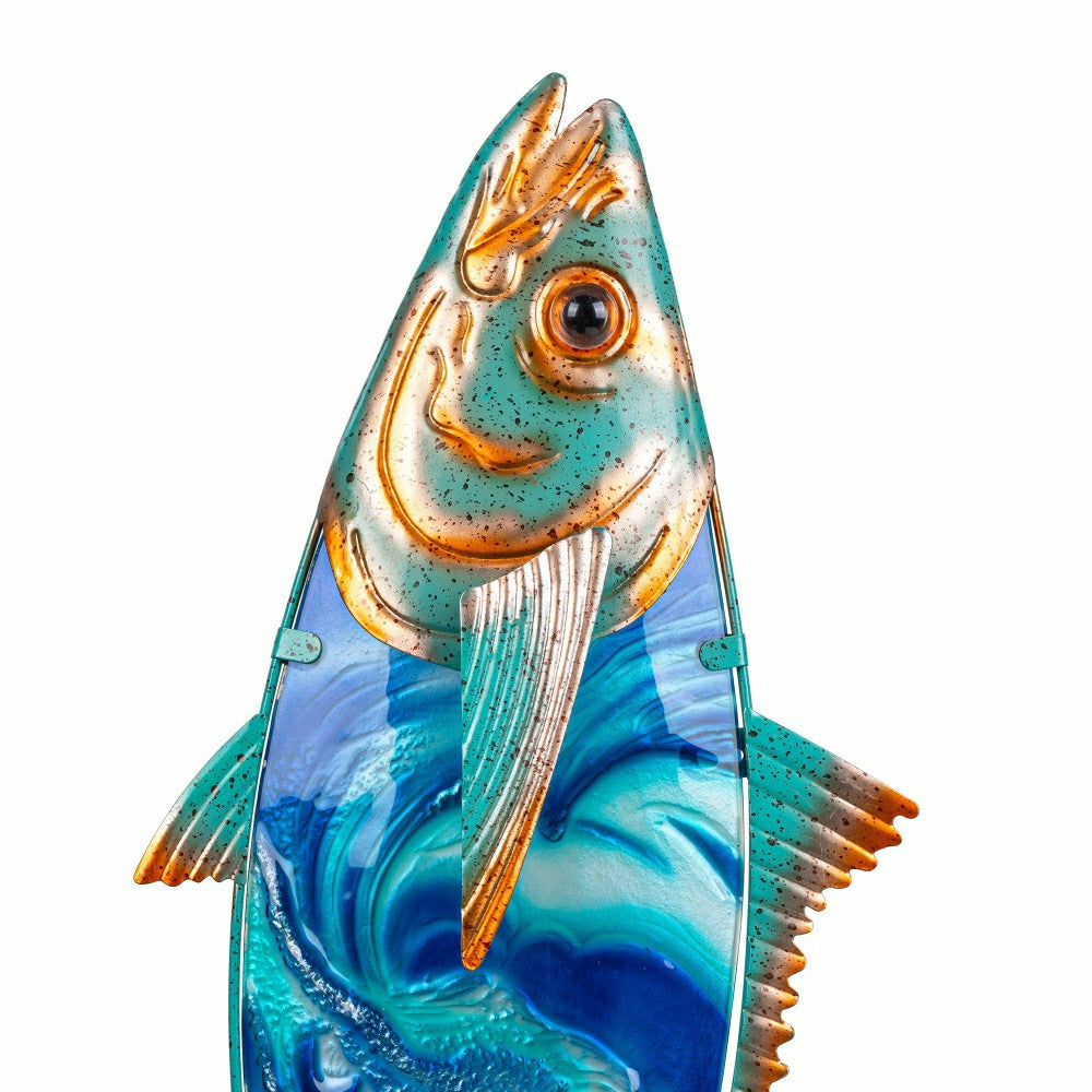Plow & Hearth Blue Coastal Outdoor Wall Decor, Metal & Glass, Fish with Metallic Fin