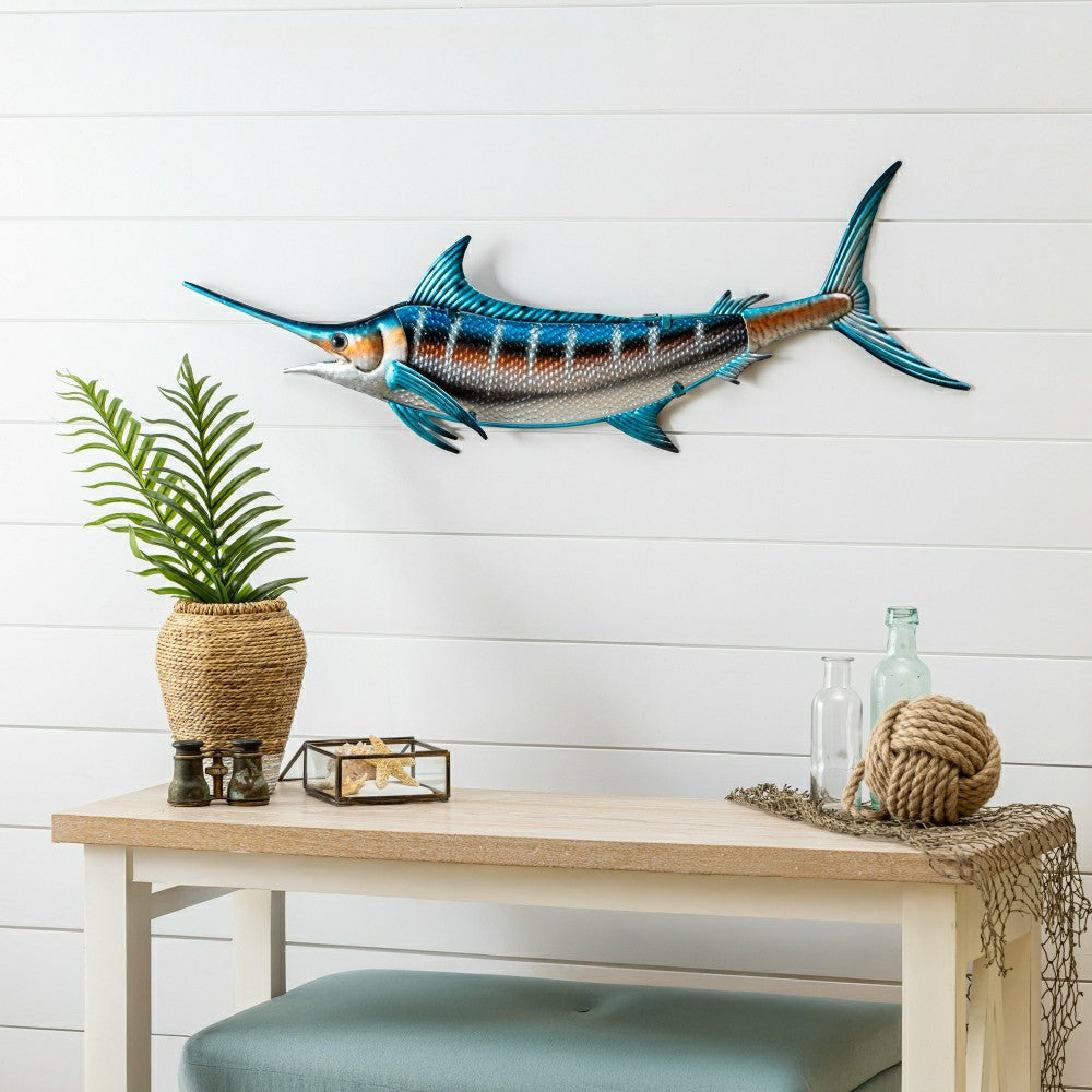 Plow & Hearth Blue Coastal Outdoor Wall Decor, Metal & Glass, Fish with Metallic Fin