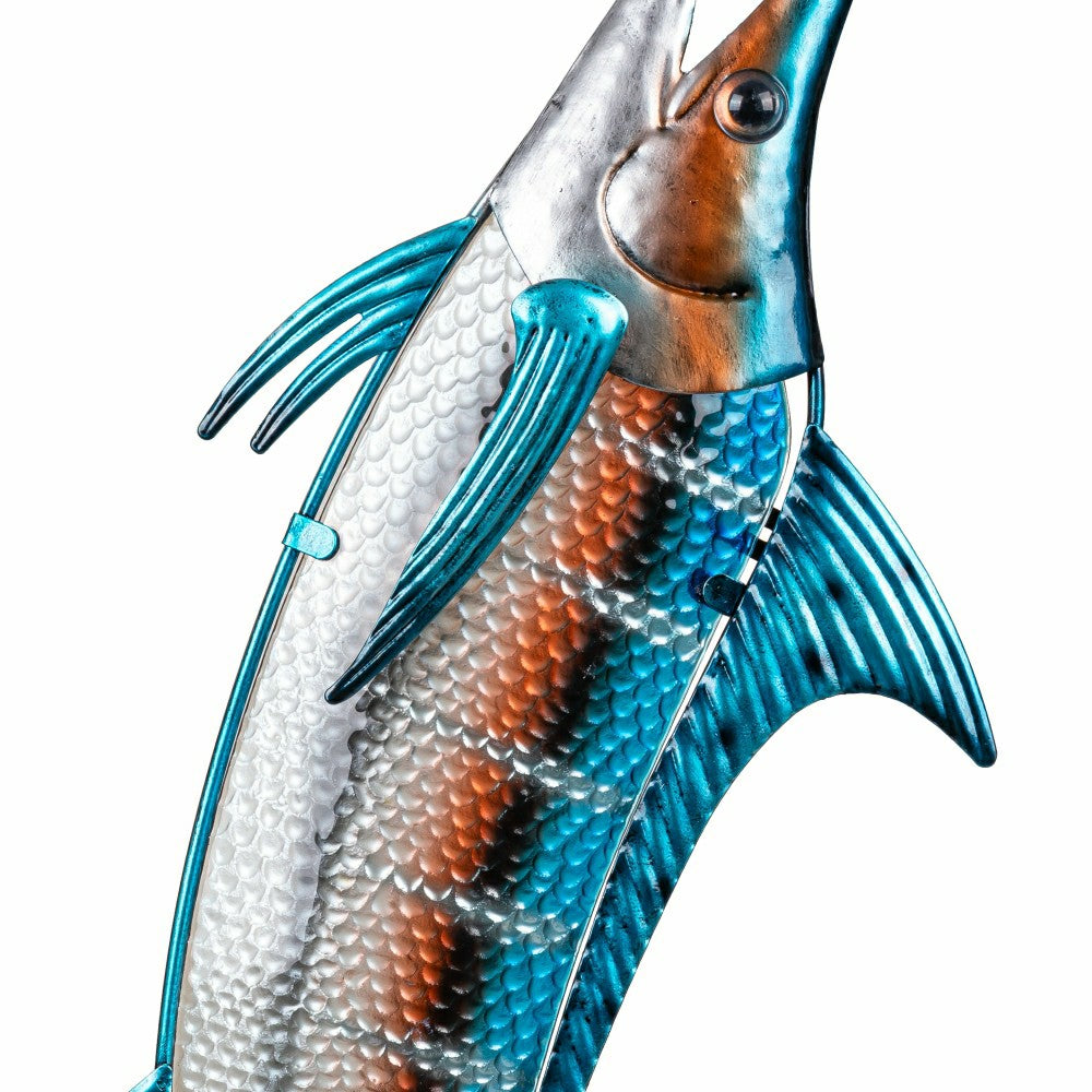 Plow & Hearth Blue Coastal Outdoor Wall Decor, Metal & Glass, Fish with Metallic Fin