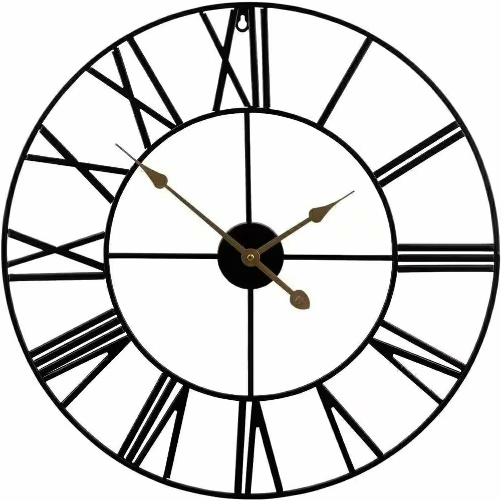 Plow & Hearth Round 24-inch Black Metal Roman Numeral Wall Clock with Gold Hands