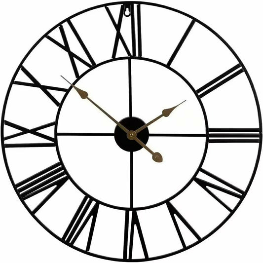 Plow & Hearth Round 24-inch Black Metal Roman Numeral Wall Clock with Gold Hands