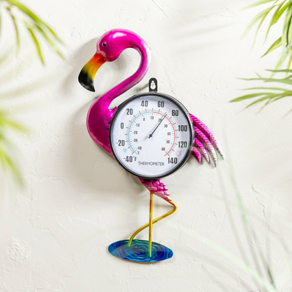 Plow & Hearth Flamingo Palm Beach Metal Outdoor Wall Thermometer, 17"