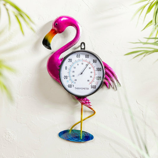 Plow & Hearth Flamingo Palm Beach Metal Outdoor Wall Thermometer, 17"