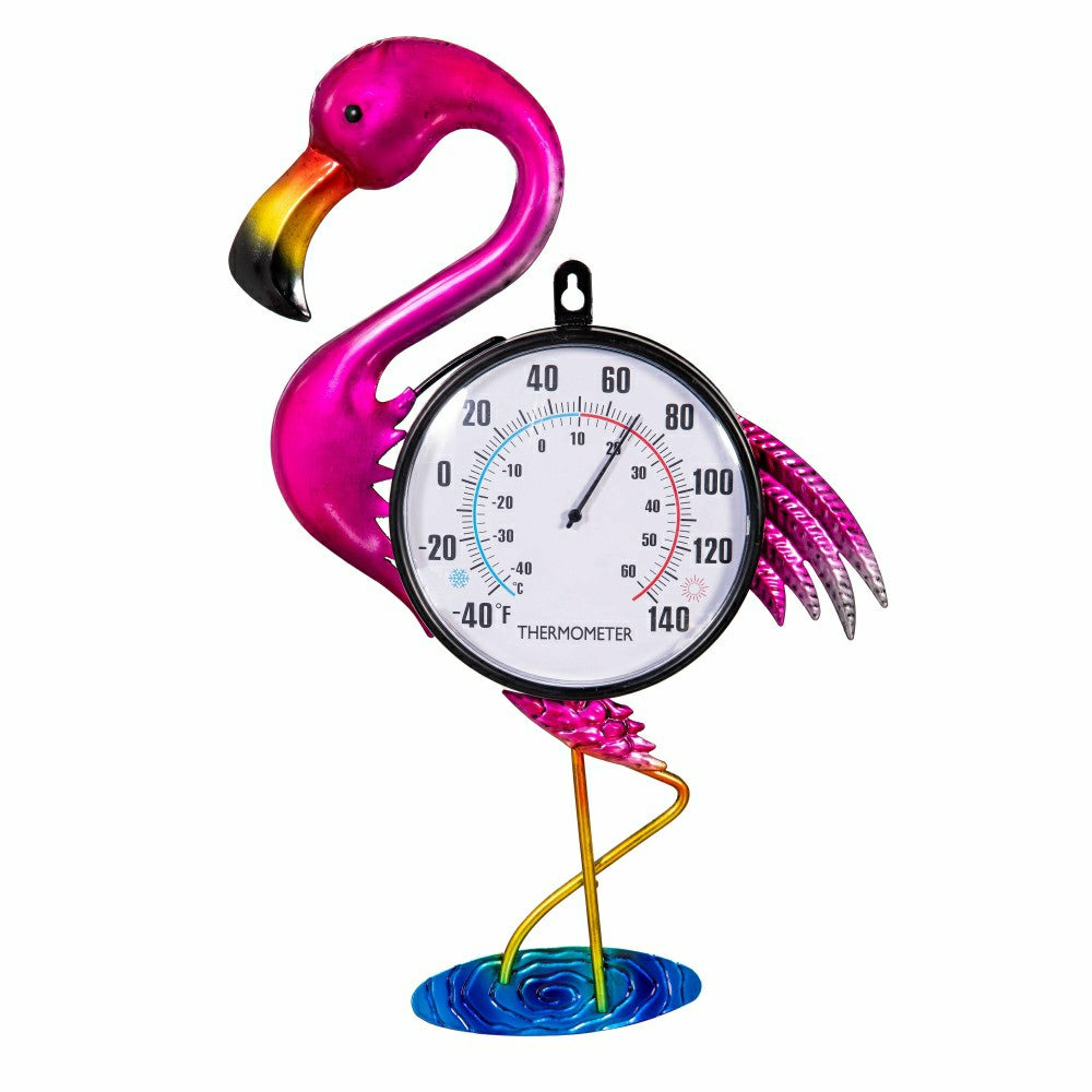 Plow & Hearth Flamingo Palm Beach Metal Outdoor Wall Thermometer, 17"