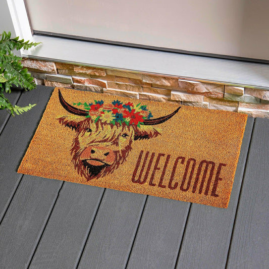 Plow & Hearth Hillside Pasture Highland Cow Welcome Coir Mat