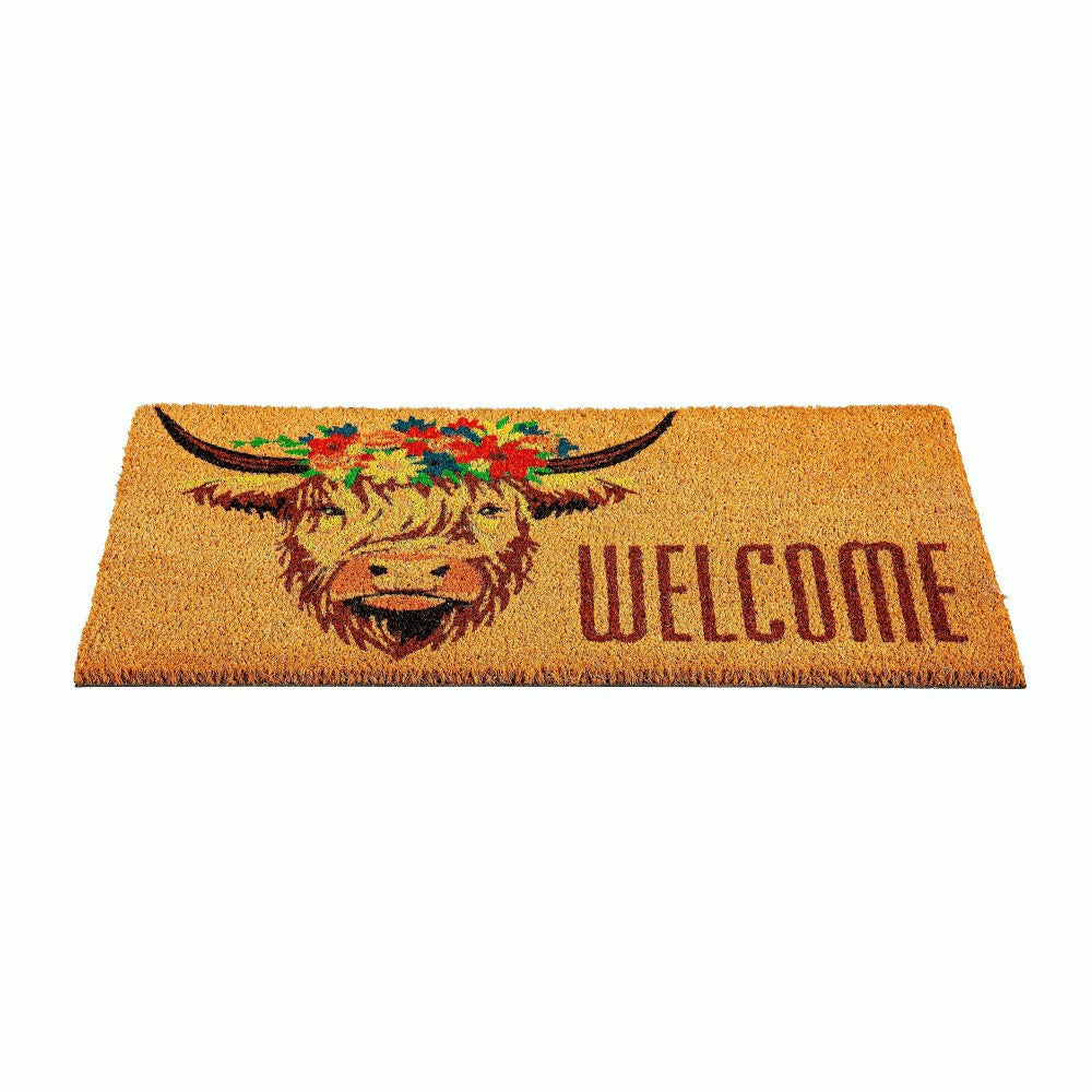 Plow & Hearth Hillside Pasture Highland Cow Welcome Coir Mat