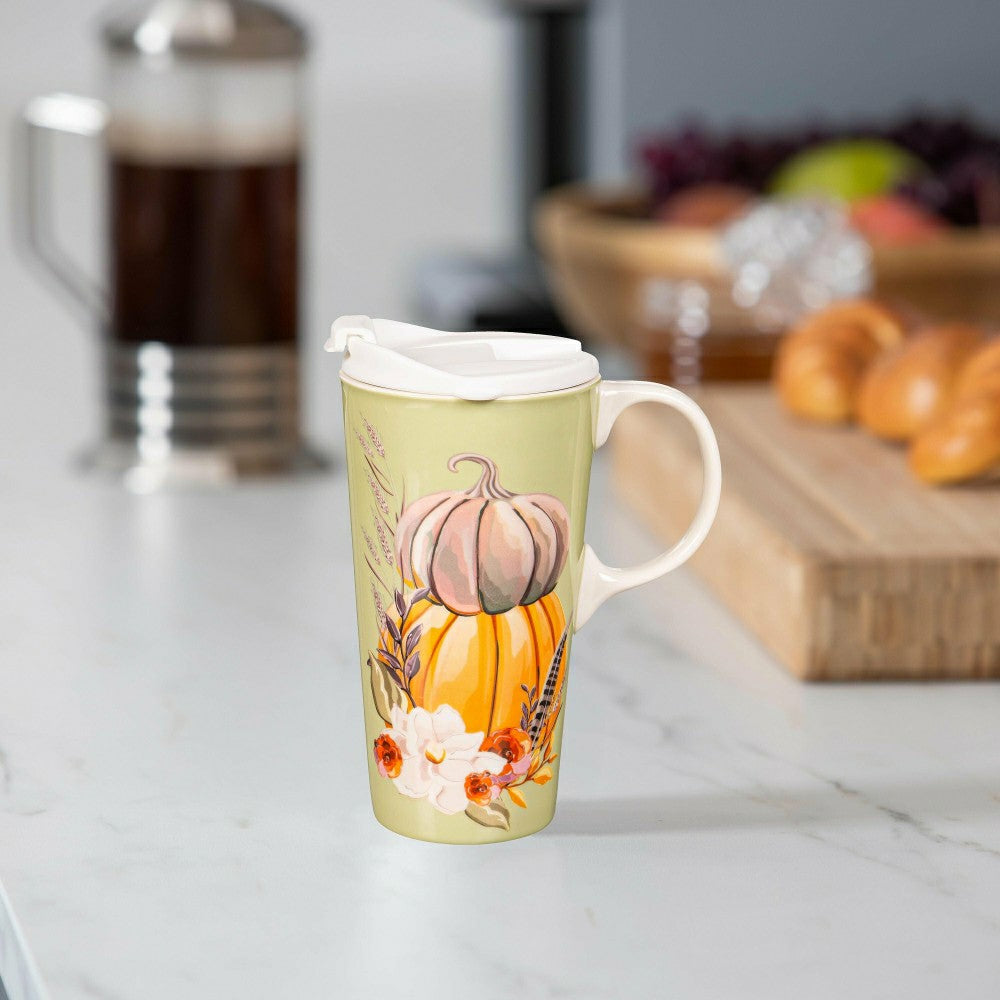 Plow & Hearth Ceramic Perfect Travel Cup, 17oz, w/ Gift Box, Harvest Pumpkins and Ma