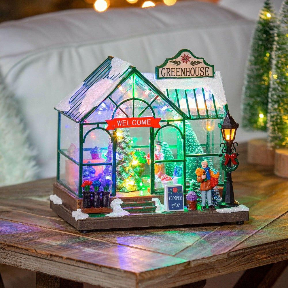Plow & Hearth Holly Homestead LED Table Decor Resin Greenhouse with Rotating Tree an