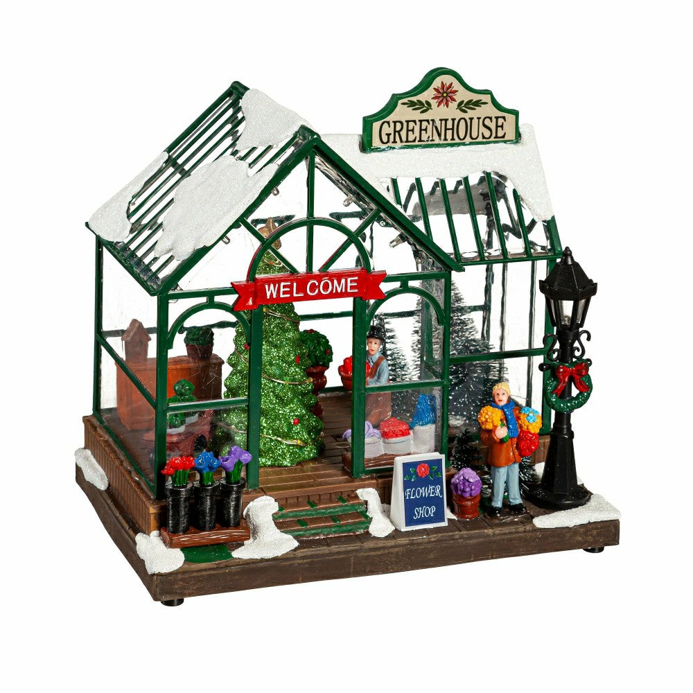 Plow & Hearth Holly Homestead LED Table Decor Resin Greenhouse with Rotating Tree an