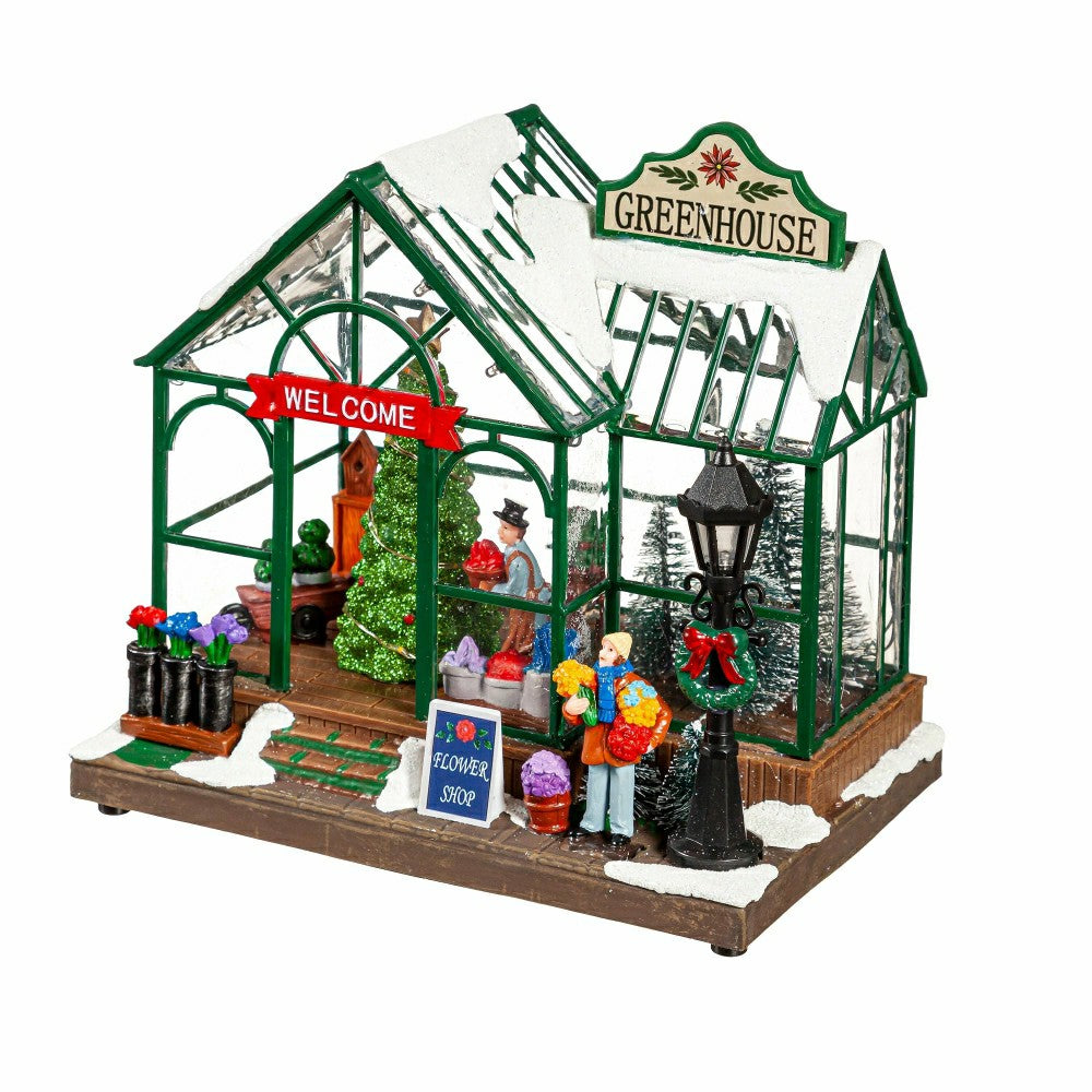 Plow & Hearth Holly Homestead LED Table Decor Resin Greenhouse with Rotating Tree an