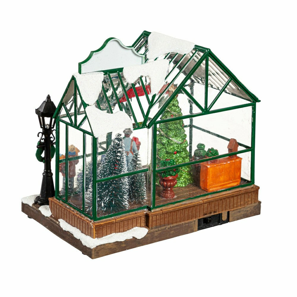 Plow & Hearth Holly Homestead LED Table Decor Resin Greenhouse with Rotating Tree an