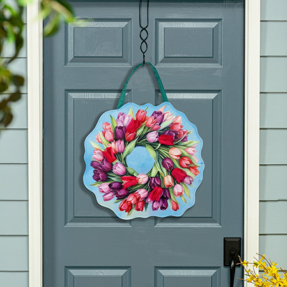 Plow & Hearth Spring Pink & Patriotic Tulips Wreath Reversible Door Decor