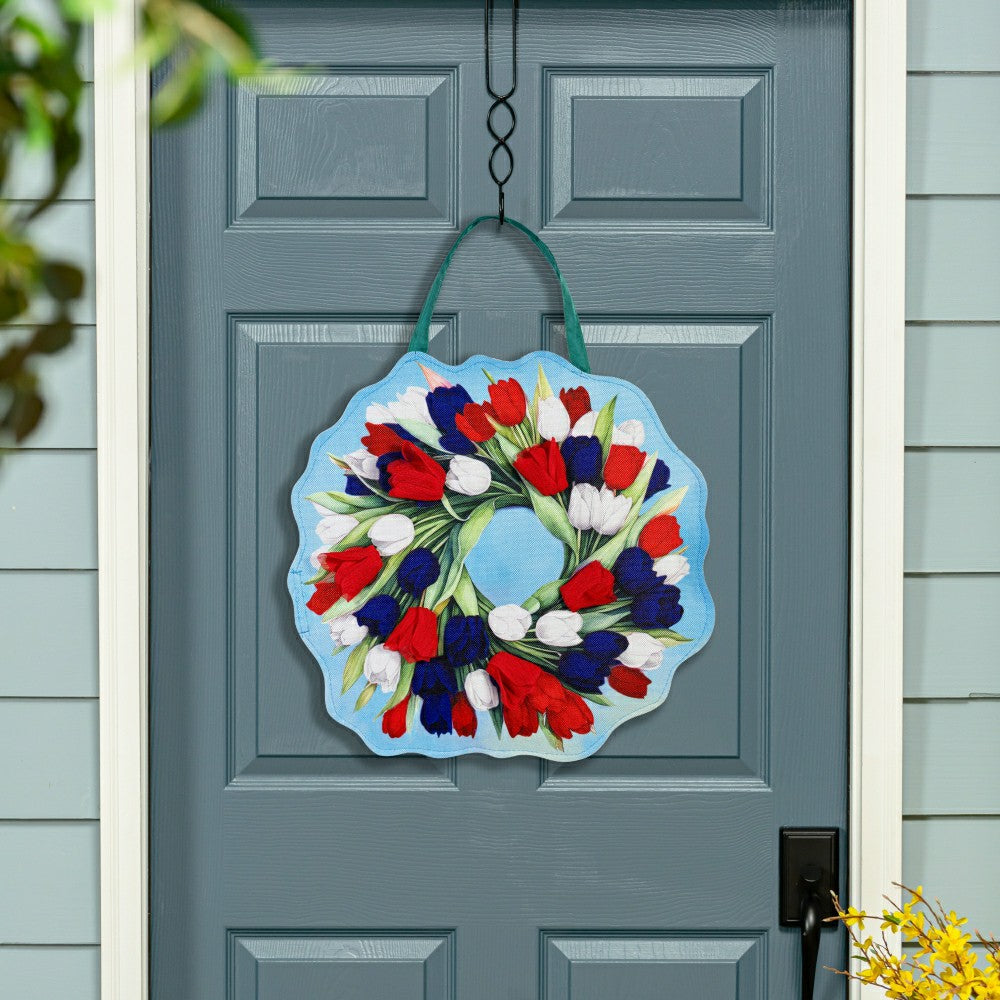 Plow & Hearth Spring Pink & Patriotic Tulips Wreath Reversible Door Decor