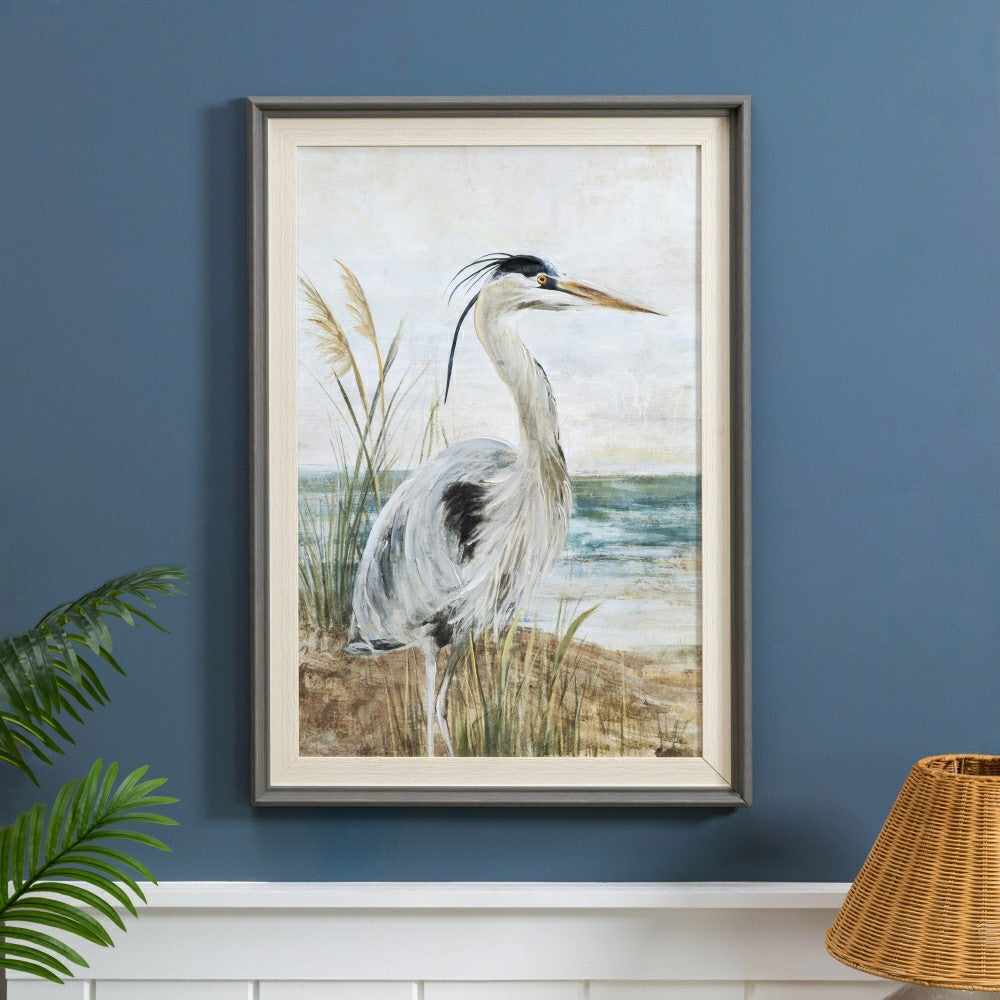 Plow & Hearth Blue Coastal Hand-Painted Wall Décor, Canvas, Egret, 30" L x 20" H