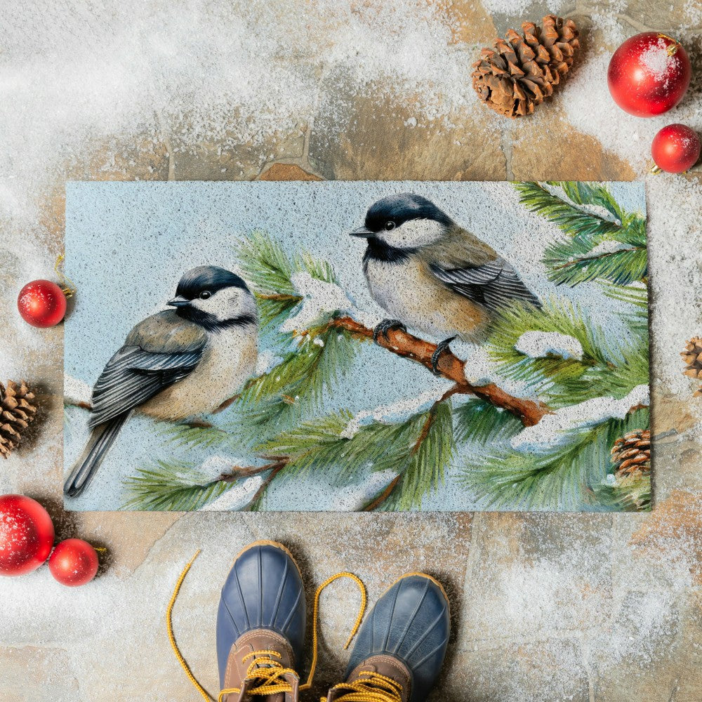 Plow & Hearth Holiday Poinsettia Chickadees PVC Trapper Mat, 28"x16"