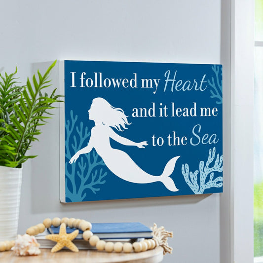 Plow & Hearth Blue Coastal Coral Sea Indoor Wall Décor, Wood, Mermaid "Heart", 24"x1