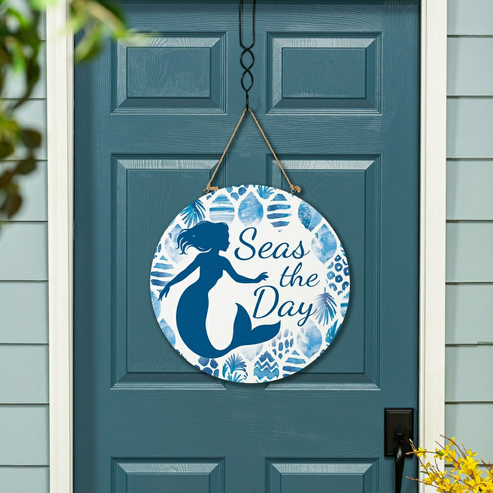 Plow & Hearth Blue Coastal Coral Sea Wood Door Décor, Mermaid "Seas The Day", 18"