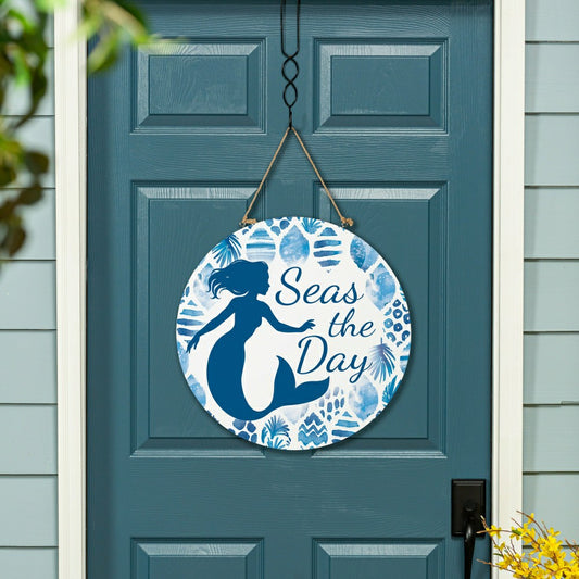 Plow & Hearth Blue Coastal Coral Sea Wood Door Décor, Mermaid "Seas The Day", 18"