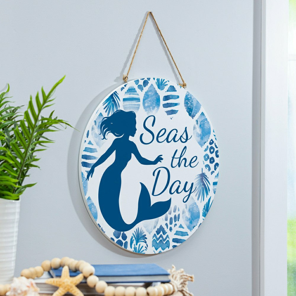 Plow & Hearth Blue Coastal Coral Sea Wood Door Décor, Mermaid "Seas The Day", 18"