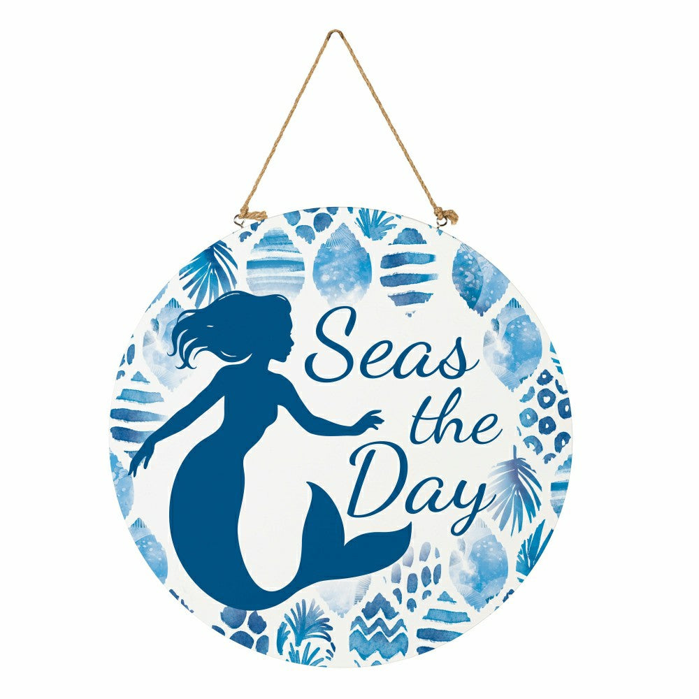 Plow & Hearth Blue Coastal Coral Sea Wood Door Décor, Mermaid "Seas The Day", 18"