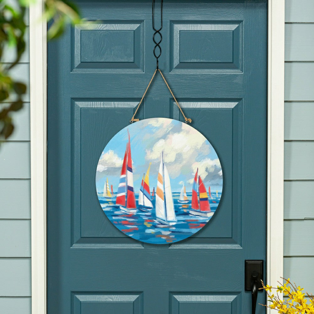 Plow & Hearth Blue Coastal Sailboats Wood Door Décor, 18"