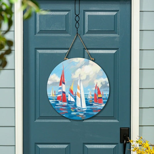 Plow & Hearth Blue Coastal Sailboats Wood Door Décor, 18"