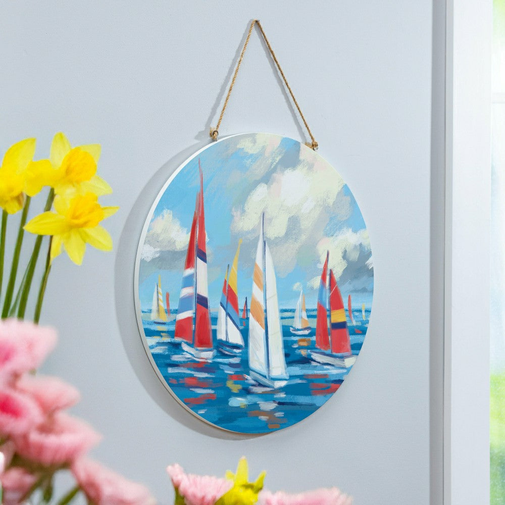 Plow & Hearth Blue Coastal Sailboats Wood Door Décor, 18"