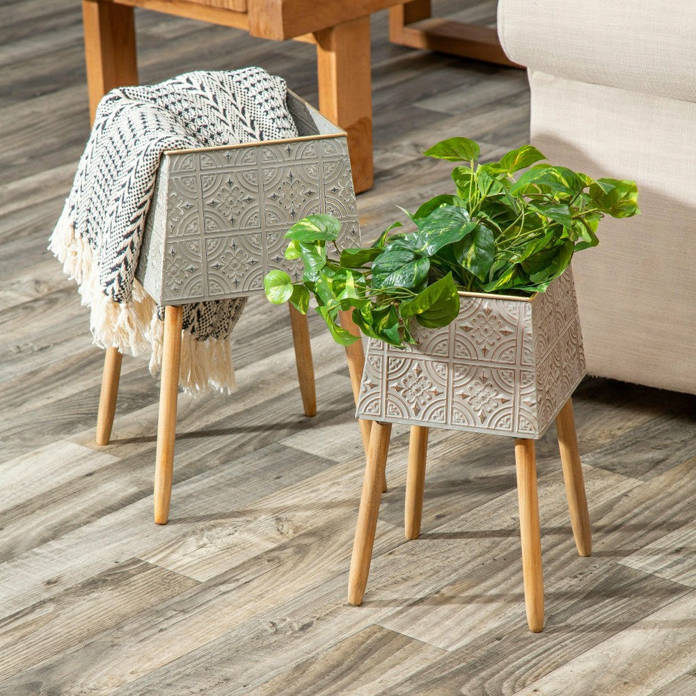 Plow & Hearth Stamped Metal Geometric Planter with Wooden Legs, Set of 2