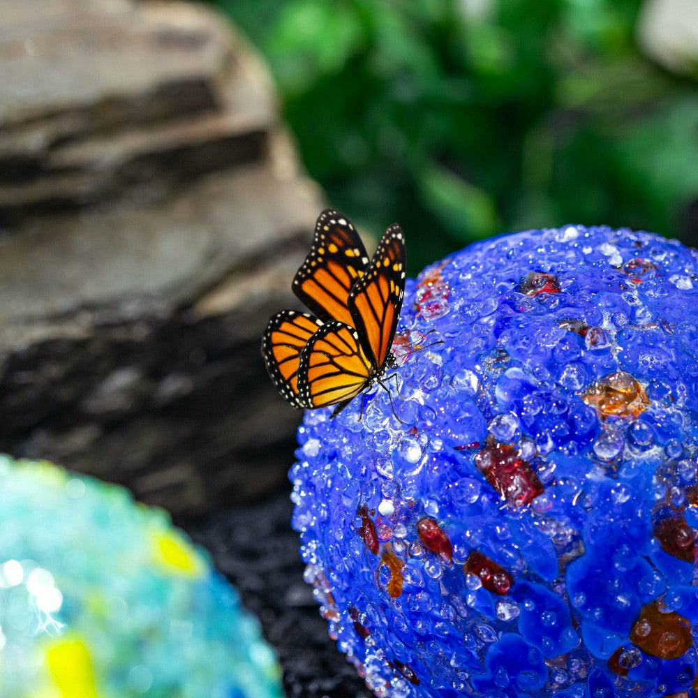 Plow & Hearth Art Glass Bee and Butterfly Ball, Dark Blue