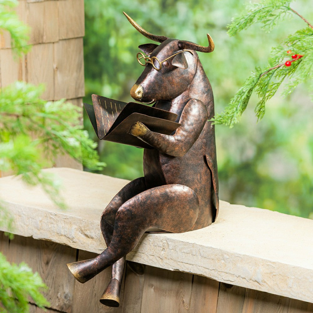 Plow & Hearth Cow Reading a Book Garden Statue