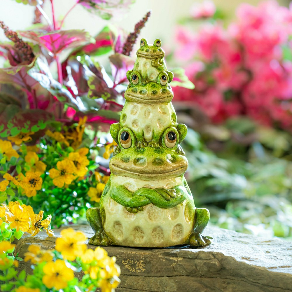 Plow & Hearth 10"H, Pollinator Garden Ceramic Stacked Frog Garden Statue