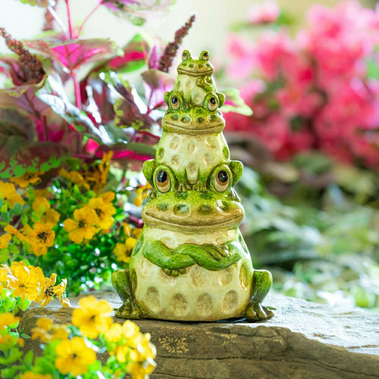 Plow & Hearth 10"H, Pollinator Garden Ceramic Stacked Frog Garden Statue