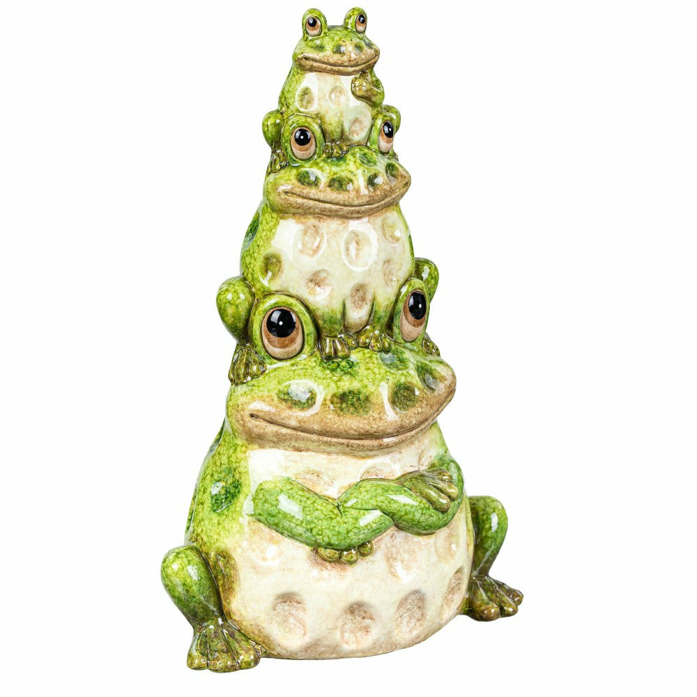 Plow & Hearth 10"H, Pollinator Garden Ceramic Stacked Frog Garden Statue