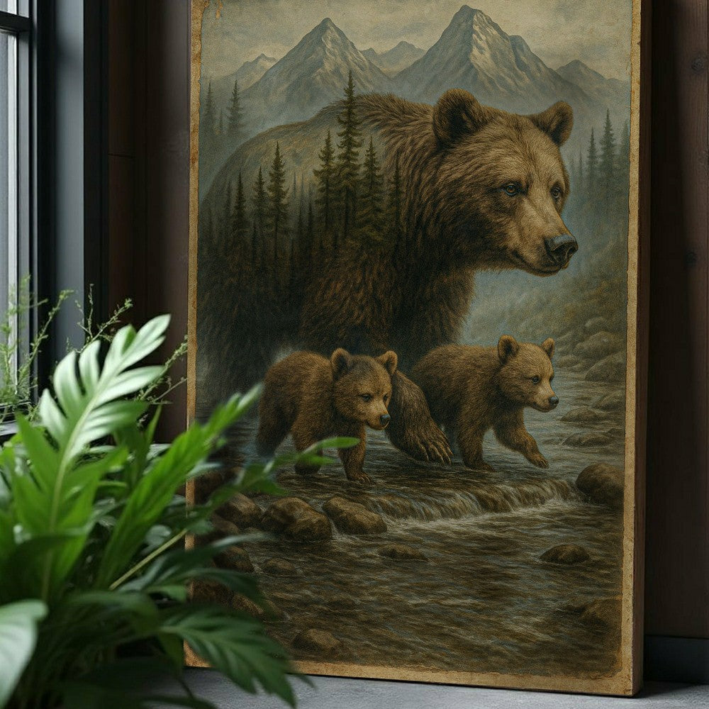 Plow & Hearth Mother Bear and Cubs Crossing Double Exposure Wall Art
