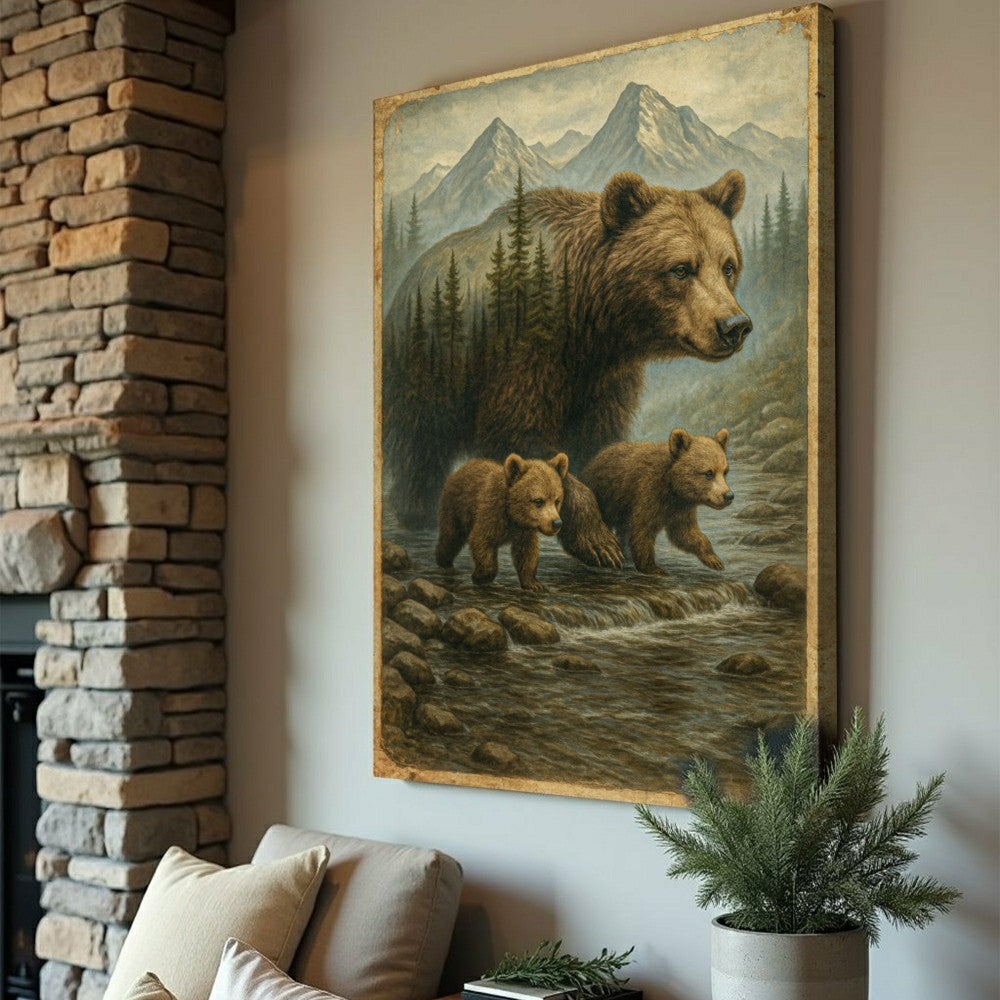 Plow & Hearth Mother Bear and Cubs Crossing Double Exposure Wall Art