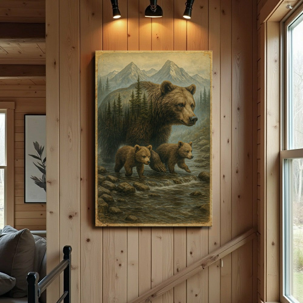 Plow & Hearth Mother Bear and Cubs Crossing Double Exposure Wall Art