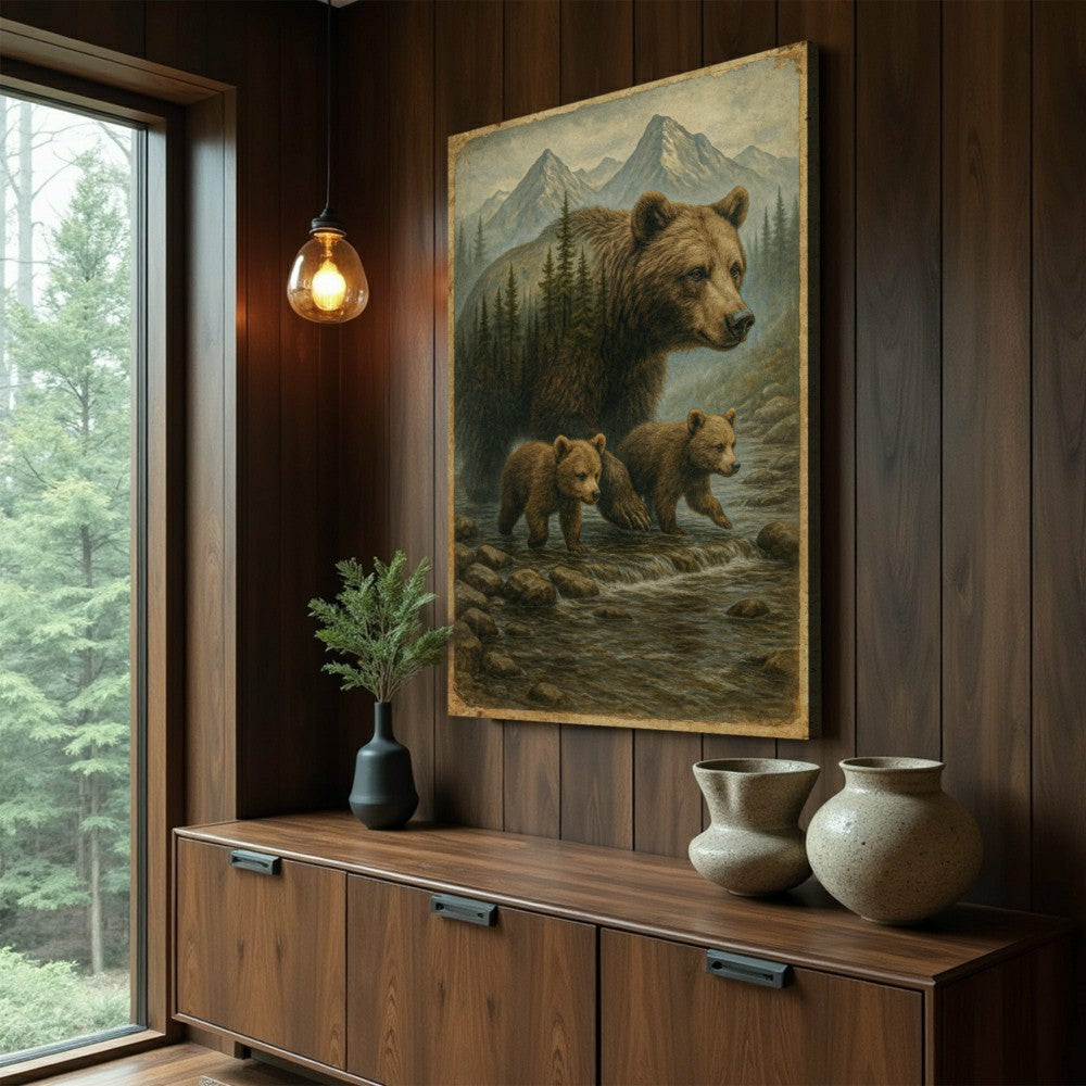 Plow & Hearth Mother Bear and Cubs Crossing Double Exposure Wall Art