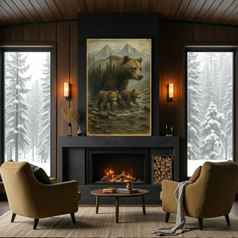 Plow & Hearth Mother Bear and Cubs Crossing Double Exposure Wall Art