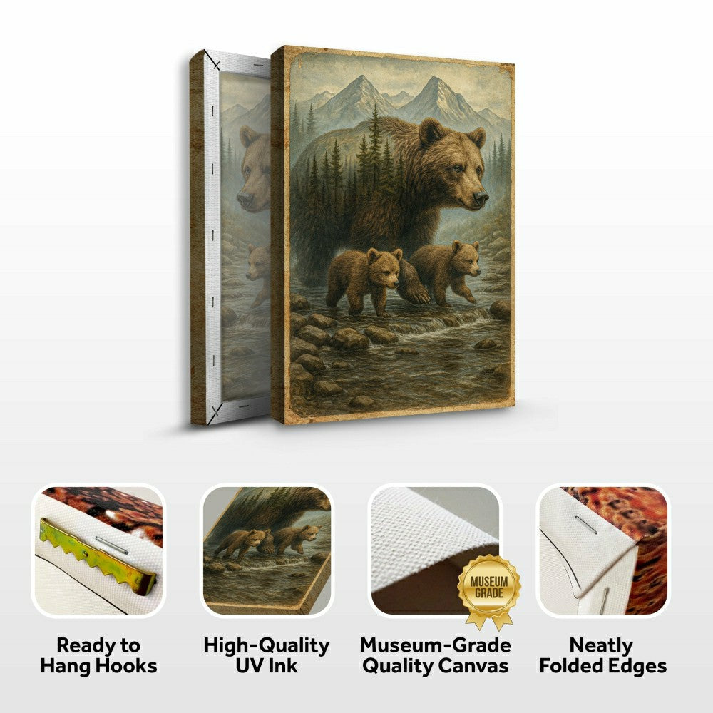 Plow & Hearth Mother Bear and Cubs Crossing Double Exposure Wall Art