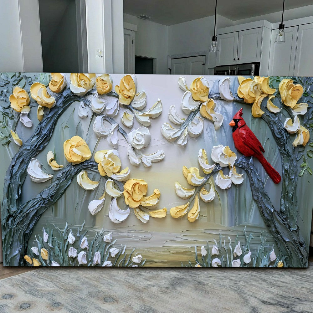 Plow & Hearth Golden Petals and Scarlet Wings Impasto Wall Art