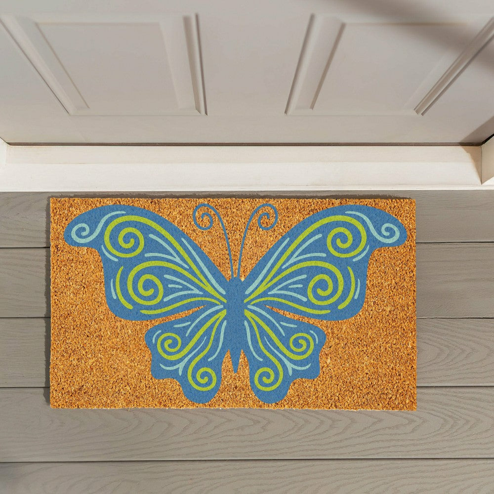 Plow & Hearth Welcome Mosaic Blue Butterfly Coir Mat