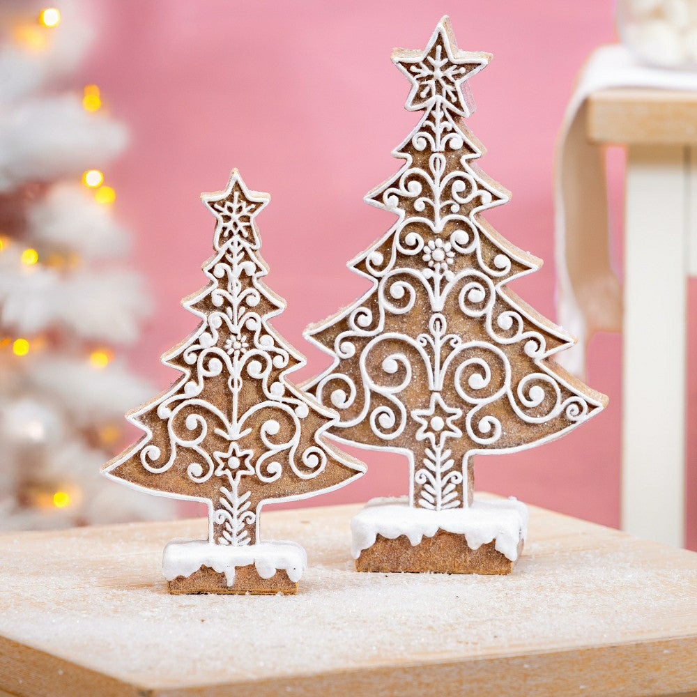 Plow & Hearth Sugar & Stripes Bright Table Décor Resin Gingerbread Tree, Set of 2
