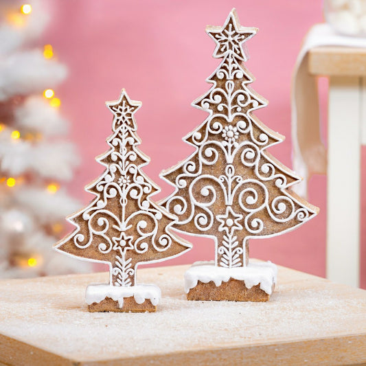Plow & Hearth Sugar & Stripes Bright Table Décor Resin Gingerbread Tree, Set of 2