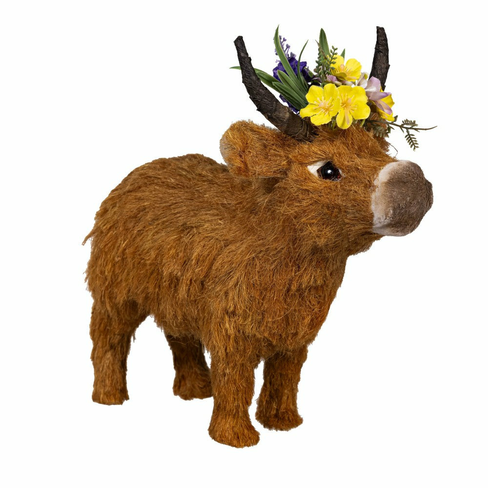 Plow & Hearth Petal & Plow Table Decor Natural Fiber Floral Highland Cow, 11.5"L