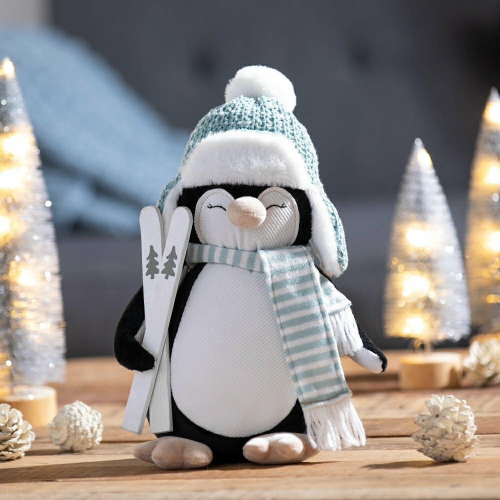Plow & Hearth Season to Sparkle Table Decor Fabric Penguin with Skis, 12.5"