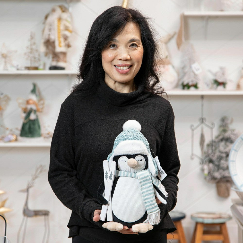 Plow & Hearth Season to Sparkle Table Decor Fabric Penguin with Skis, 12.5"