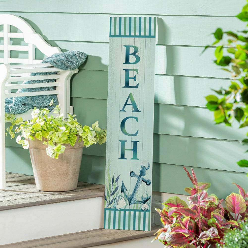 Plow & Hearth Blue Coastal Garden Decor, Porch Leaner, "BEACH", 10.75" L x 46" H