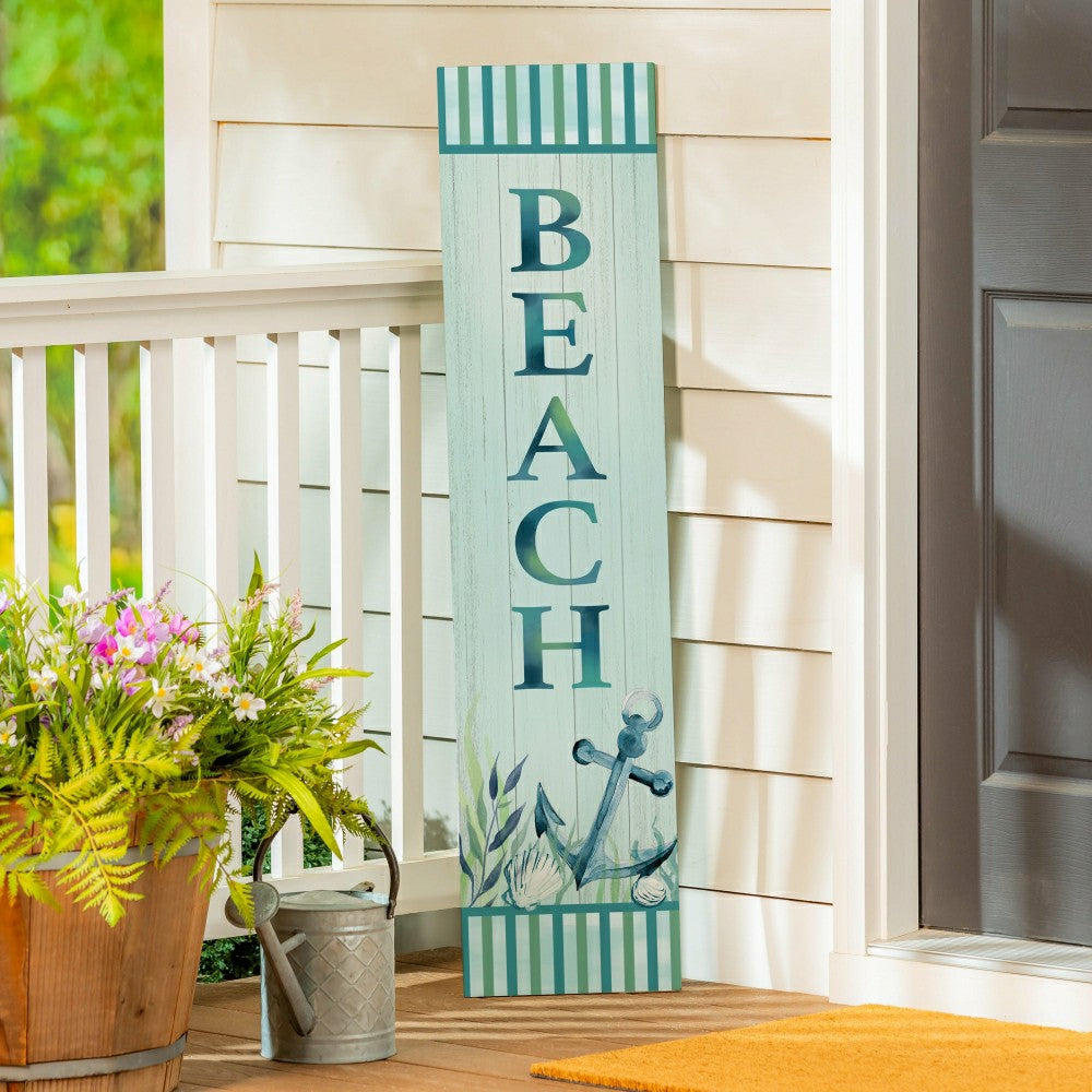 Plow & Hearth Blue Coastal Garden Decor, Porch Leaner, "BEACH", 10.75" L x 46" H