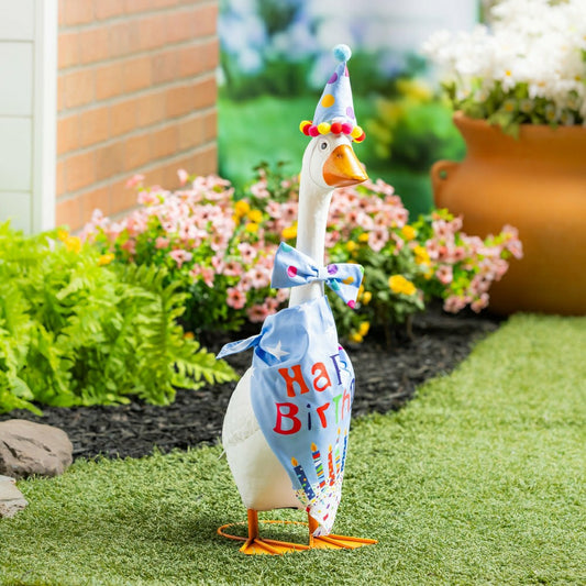 Plow & Hearth Giddy The Goose, Metal Porch Statue With Blue Birthday Outfit, 21"H